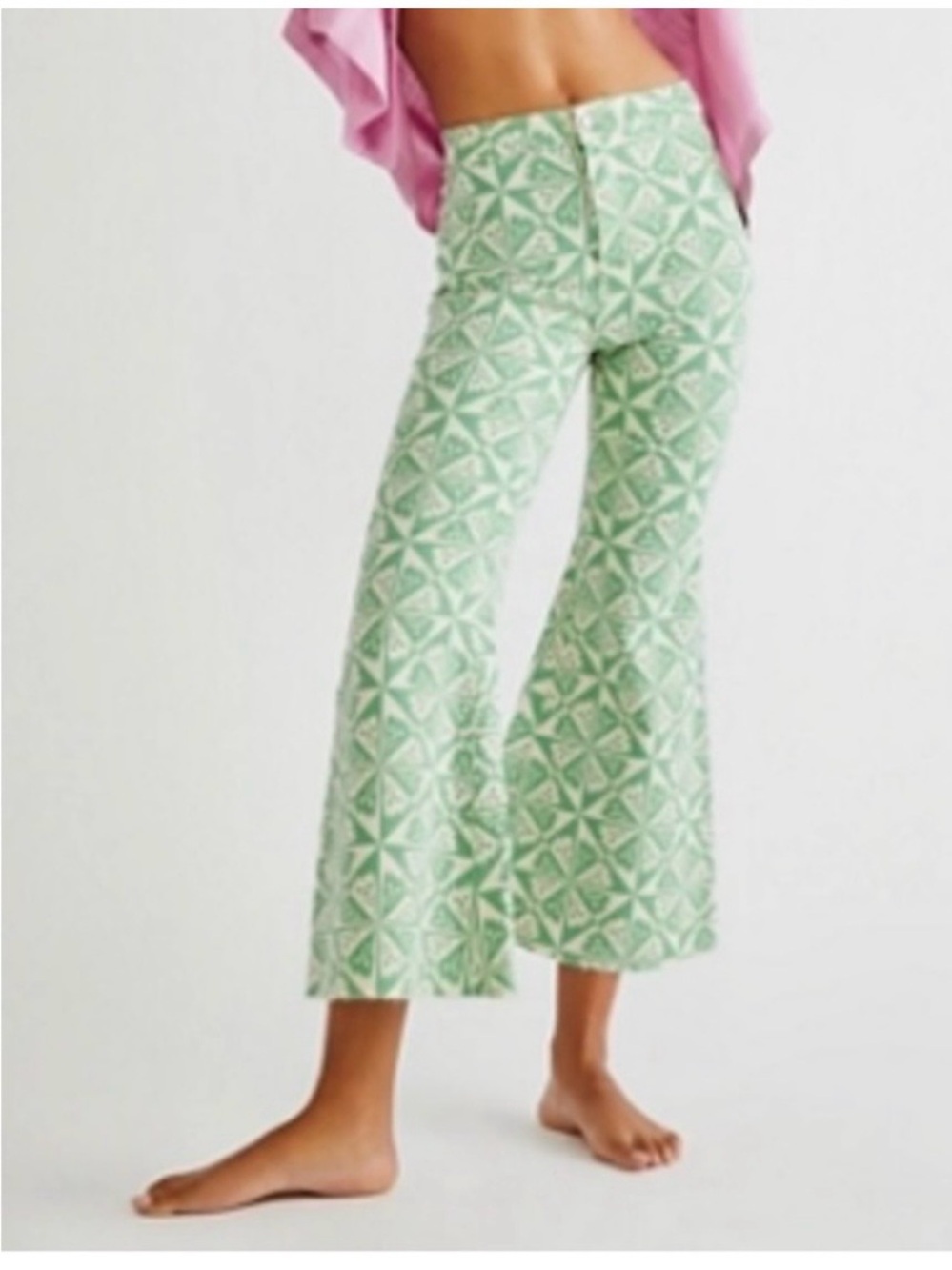 Free People Youthquake High Rise Printed Crop Flare Jeans Geometric Green-25
